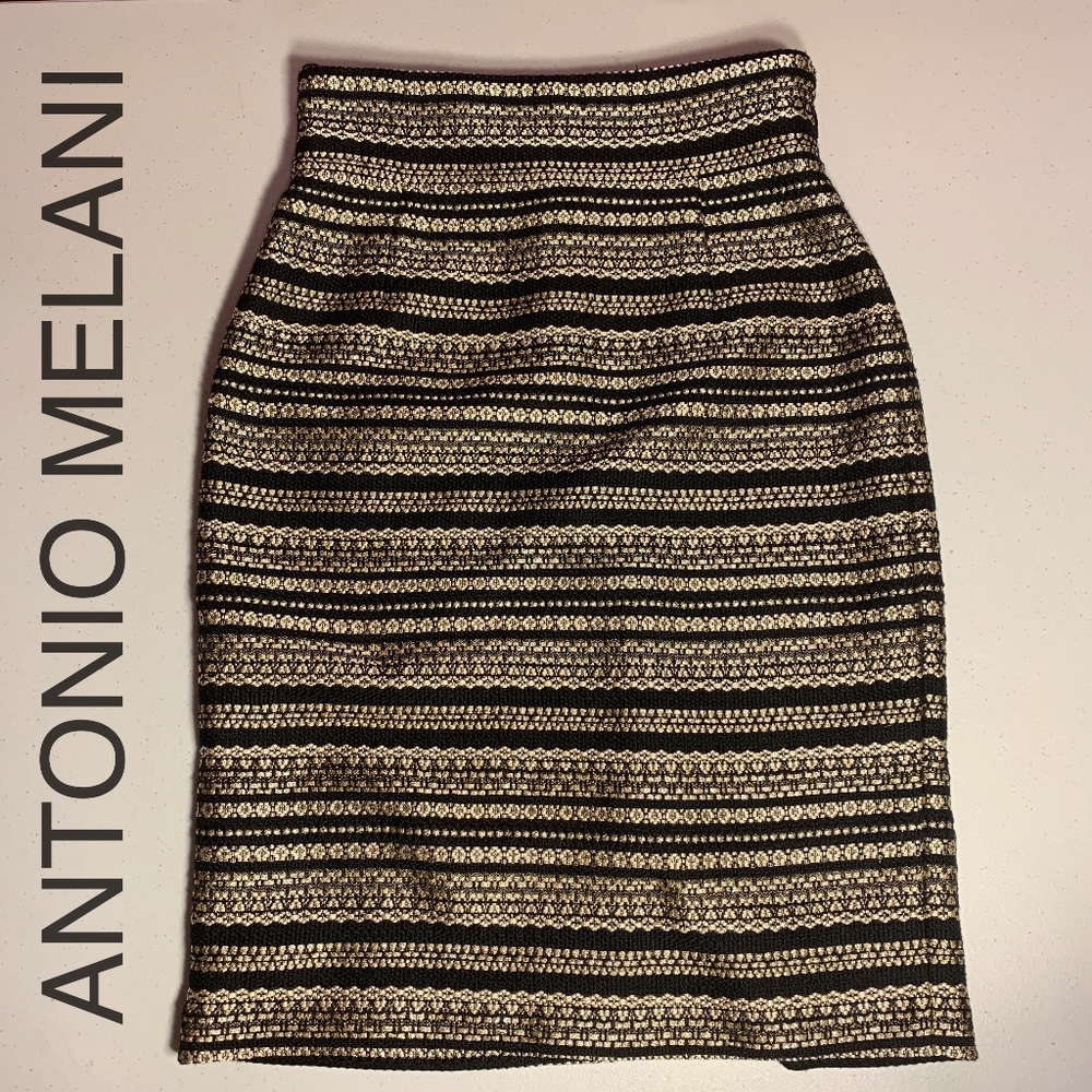 ANTONIO MELANI Metallic Gold & Black Pencil Skirt